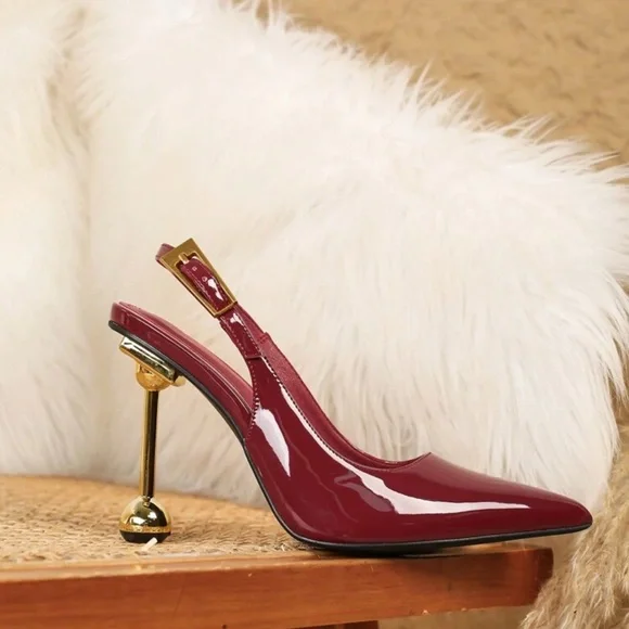 Elegant Burgundy Patent Slingback Heels with Gold Ball Stiletto - Picture 5 of 6